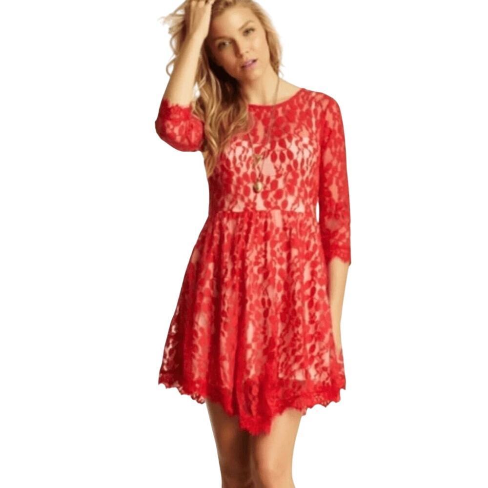 FREE PEOPLE Women’s Red Floral Lace handkerchief hem cocktail dress 8